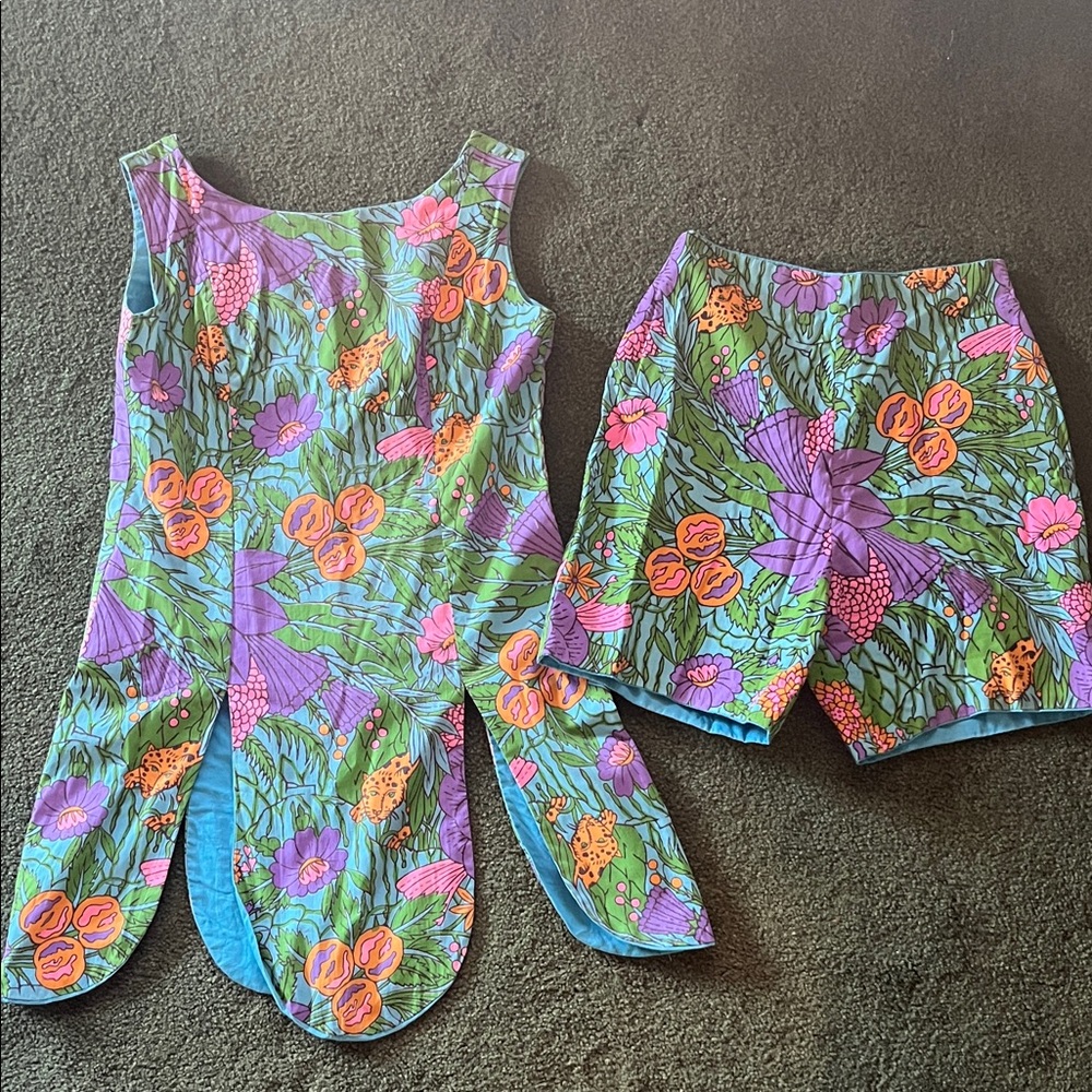 Vintage Floral Two-Piece Set in Green, Purple & Orange